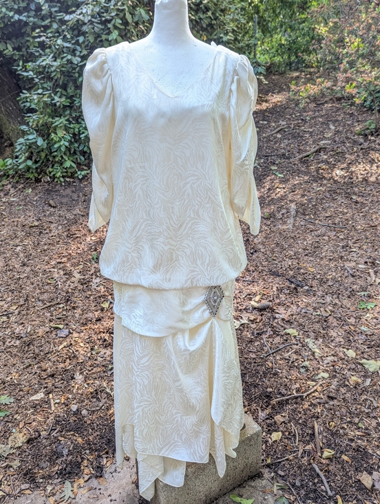 Crest Fashions by Festive Lady Inc. New York Dresses & Skirts - Vtg 80s Whimsigoth Bridal Shower Dress White Satin Jacquard Handkerchief Hem 12